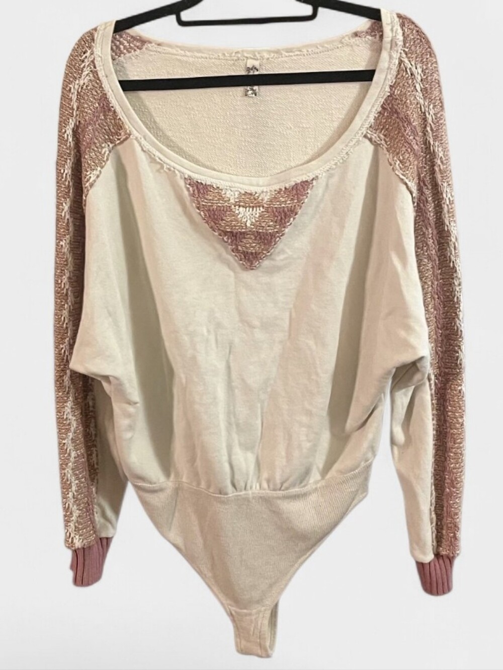 Free People Cream Bodysuit with Dusty Rose Knit Sleeves